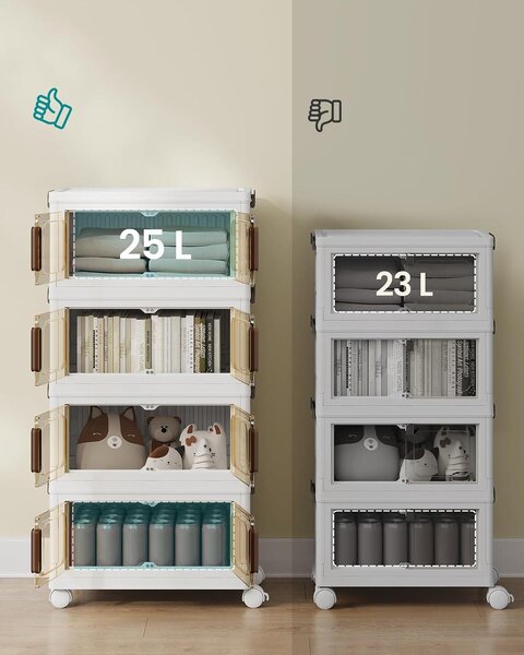Skládací úložná skříň – Stohovatelné úložné boxy s kolečky a magnetickými dvířky – objem 100 litrů – rozměry 45 x 26 x 91 cm