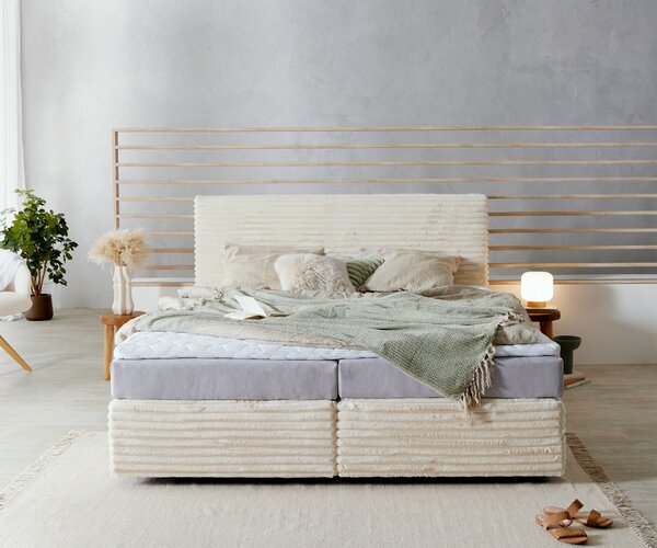 DELIFE Boxspring postel Dream-Well plyšový manšestr béžová 180x200 cm TFK matrace Visco topper