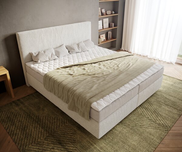 DELIFE Boxspring postel Dream-Well 180x200 cm bouclé krémovo-bílá s matrací a topperem