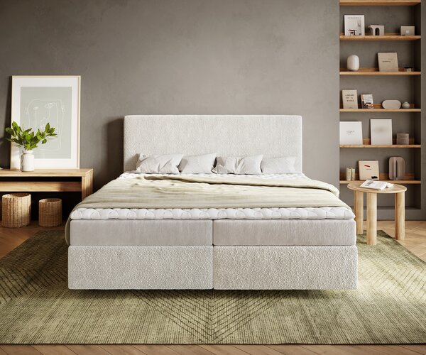 DELIFE Boxspring postel Dream-Well 180x200 cm bouclé krémovo-bílá s matrací a topperem