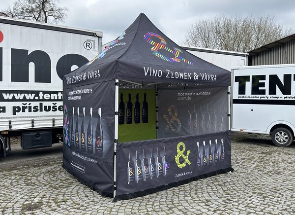 TENTino SET - Nůžkový párty stan 3x3 m EXTRA HIGH ROOF s jednostranným potiskem Typ konstrukce: BIG HEXAGON S VYŠŠÍ ŠPICÍ, Rozsah potisku: pouze střecha, Plachtovina - gramáž: polyester 230 g/m2