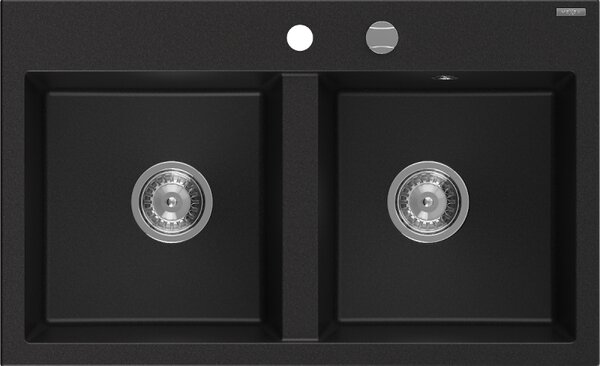 Mexen Hektor, 2-komorový granitový dřez 800x480x205 mm, černá, chromový sifon, 6521802000-77
