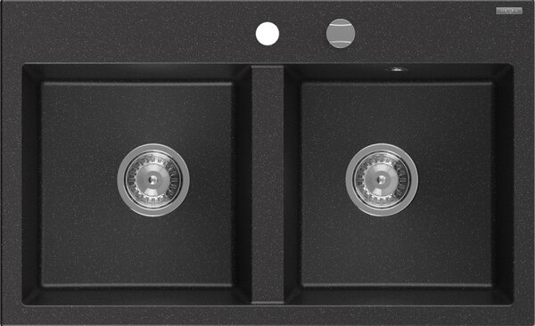 Mexen Hektor, 2-komorový granitový dřez 800x480x205 mm, černá-stříbrná metalíza, chromový sifon, 6521802000-73