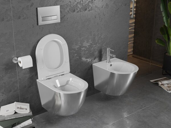 Mexen Lena wc mísa bezokrajová s pomalu spouštěným slim sedátkem, duroplast, bílá/stříbrná - 30224004