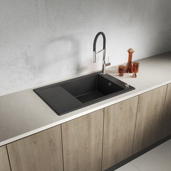 Laveo Pionier, 1-komorový granitový dřez 780x500x207 s krátkým odkapávačem, černá, LAV-SBR_713T