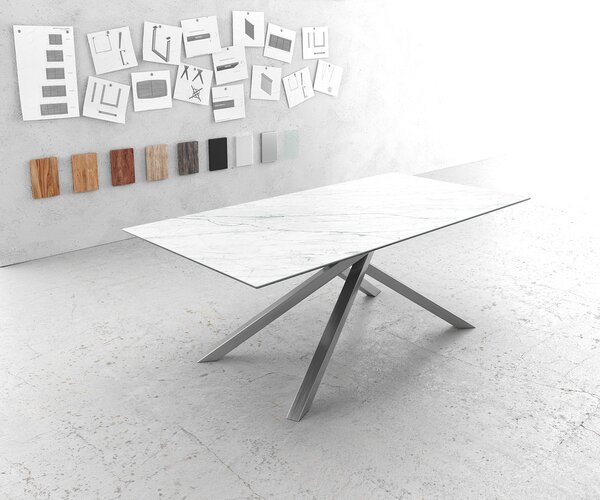 DELIFE Jídelní stůl Edge 200x100 cm keramika Laminam® Statuarietto bílá křížová podnož nerezová ocel