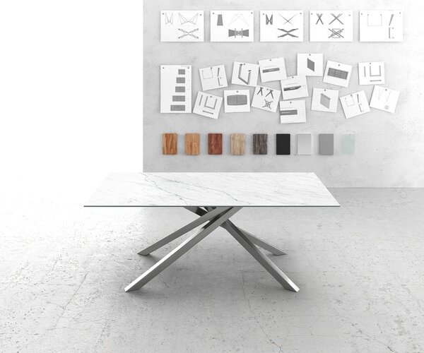 DELIFE Jídelní stůl Edge 200x100 cm keramika Laminam® Statuarietto bílá křížová podnož nerezová ocel