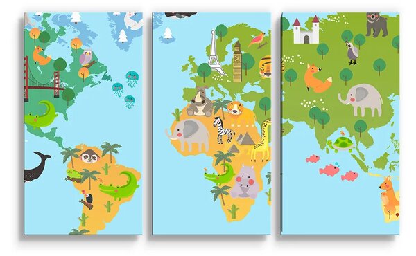 Sablio Obraz - 3-dílný Zvířecí mapa světa - 120x80 cm