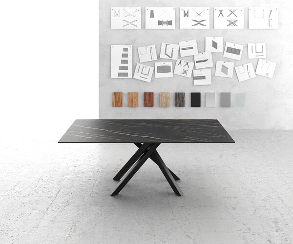 DELIFE Jídelní stůl Edge 200x100 cm keramika Laminam®Noir Desir hnědý středová podnož kříž černá