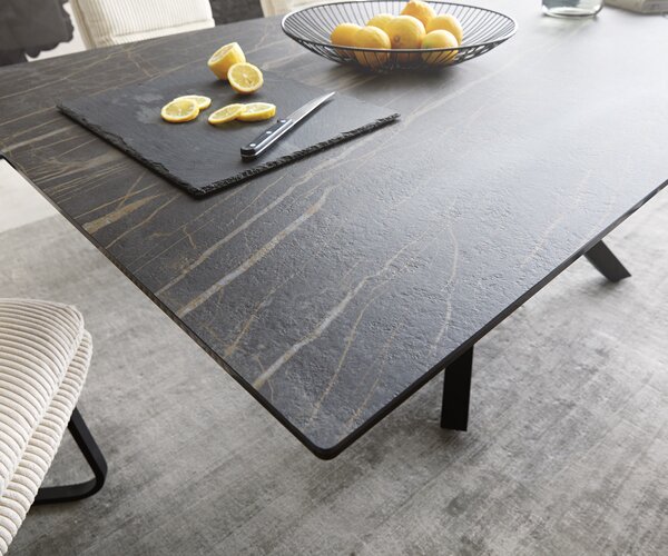 DELIFE Jídelní stůl Edge 200x100 cm keramika Laminam®Noir Desir hnědý středová podnož kříž černá