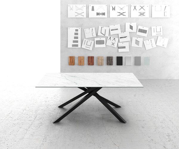 DELIFE Jídelní stůl Edge 200x100 cm keramika Laminam®Statuarietto bílá středová podnož kříž černá