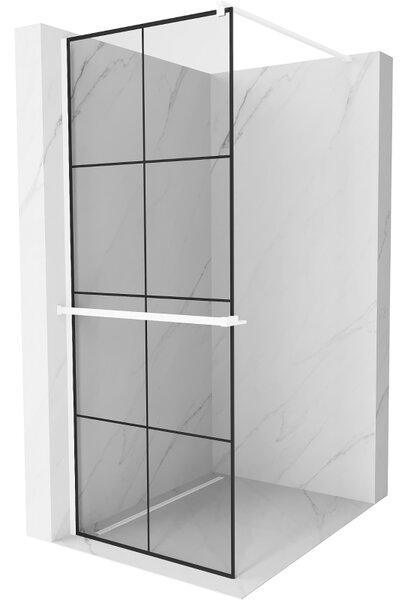 Mexen Kioto+, sprchová zástěna Walk-In s poličkou a věšákem 80 x 200 cm, 8mm čiré sklo černý vzor, ​​bílý profil, 800-080-121-20-77