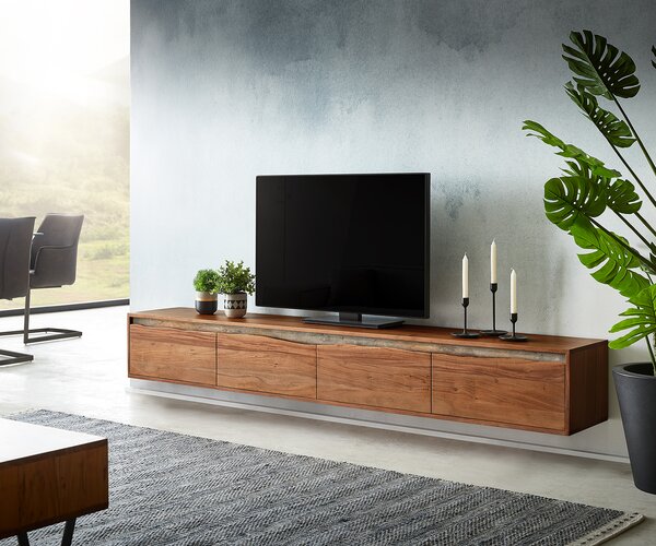 DELIFE TV stolek Stonegrace 220 cm akácie hnědá přírodní hrana 4 dvířka závěsný