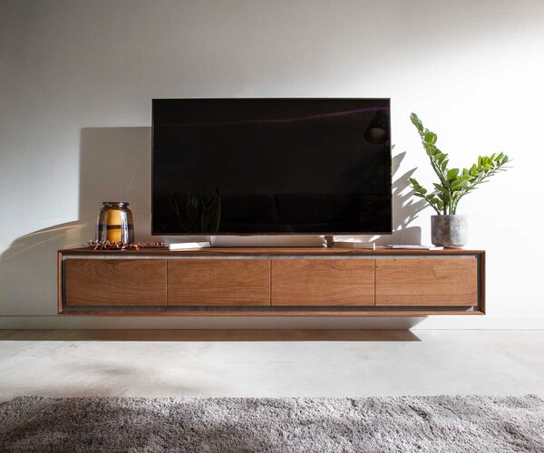 DELIFE TV stolek Stonegrace 200 cm akácie hnědá kamenná dýha 4 dvířka závěsný