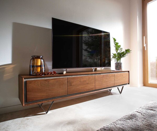 DELIFE TV stolek Stonegrace 200 cm akácie hnědá kamenná dýha 4 dvířka podnož ve tvaru V černá