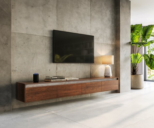 DELIFE TV stolek Stonegrace 240 cm akácie hnědá břidlice 4 dvířka závěsný