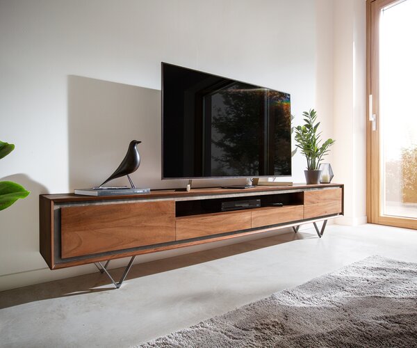 DELIFE TV stolek Stonegrace 240 cm akácie hnědá 2 dvířka 2 zásuvky 1 přihrádka kamenná dýha podnož ve tvaru V černá