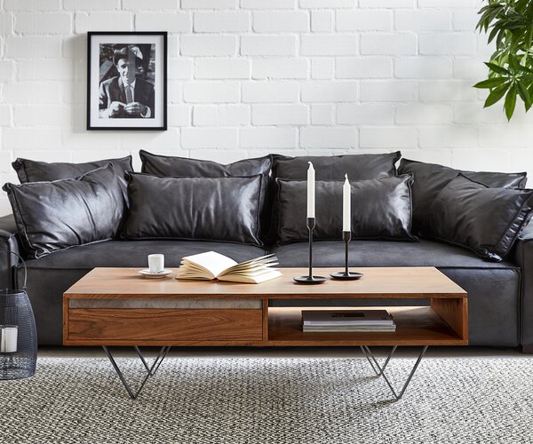 DELIFE Konferenční stolek Stonegrace 115x60 cm akácie hnědá břidlice 2 zásuvky 1 přihrádka podnož ve tvaru V černá
