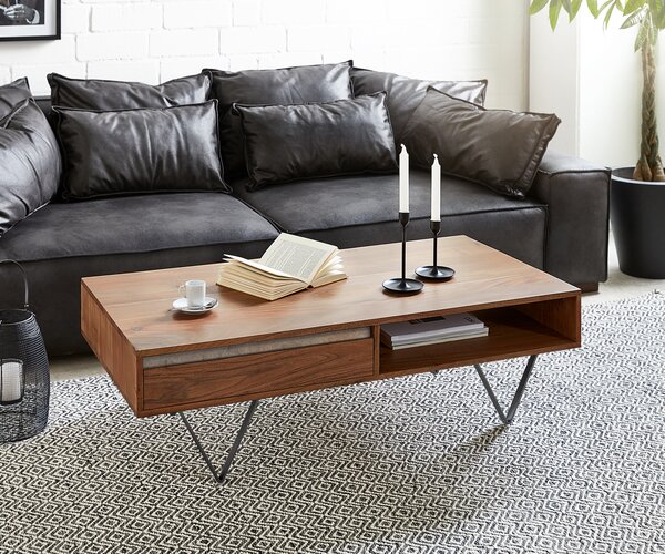DELIFE Konferenční stolek Stonegrace 115x60 cm akácie hnědá břidlice 2 zásuvky 1 přihrádka podnož ve tvaru V černá
