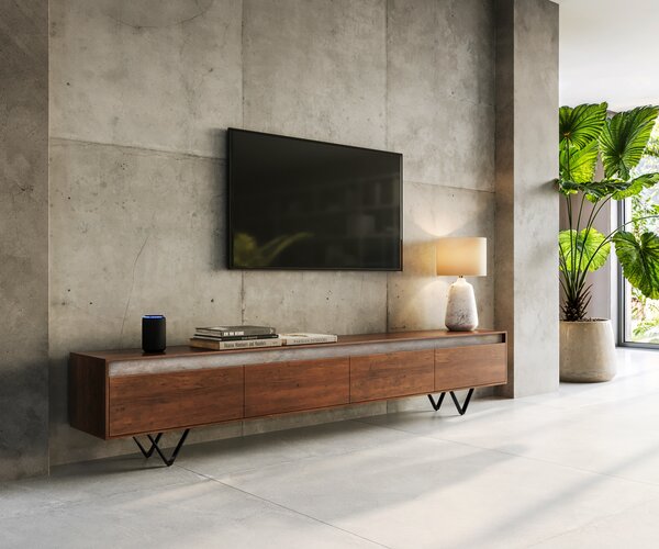 DELIFE TV stolek Stonegrace 240 cm akácie hnědá břidlice 4 dvířka podnož ve tvaru V černá