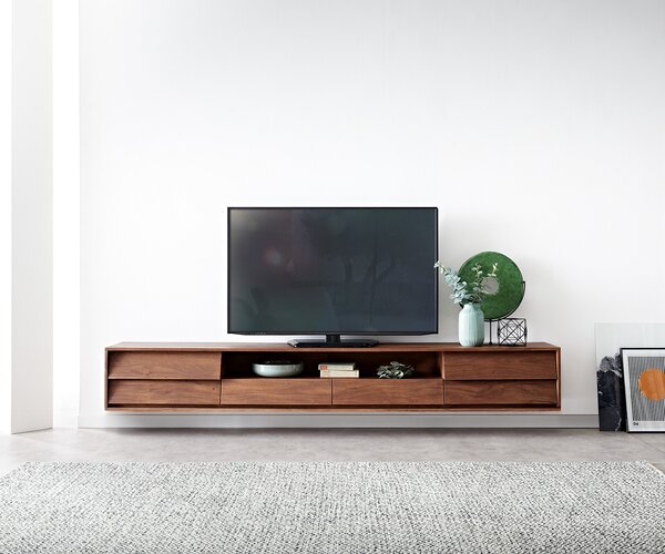 DELIFE TV stolek Eloi 240x35 cm akácie hnědá 2 dvířka 2 zásuvky závěsný