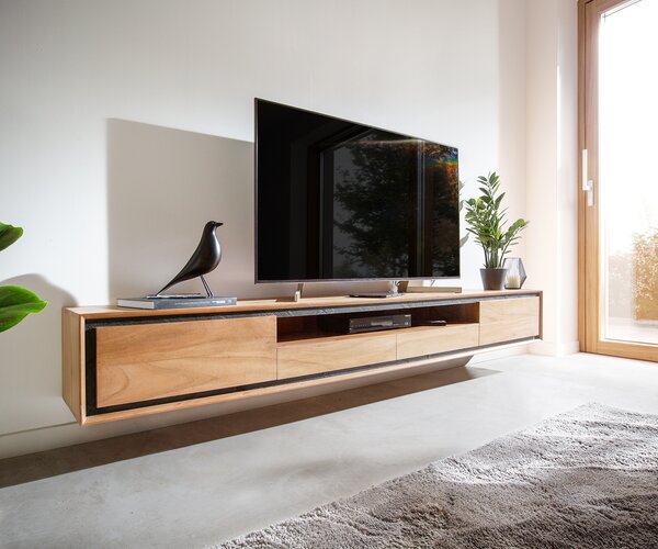DELIFE TV stolek Stonegrace 240 cm akácie přírodní 2 dvířka 1 přihrádka 2 zásuvky kamenná dýha závěsný