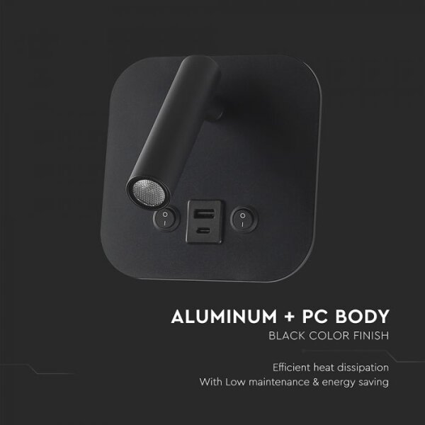 LED Nástěnné bodové svítidlo s USB portem LED/8W/230V 3000K černá
