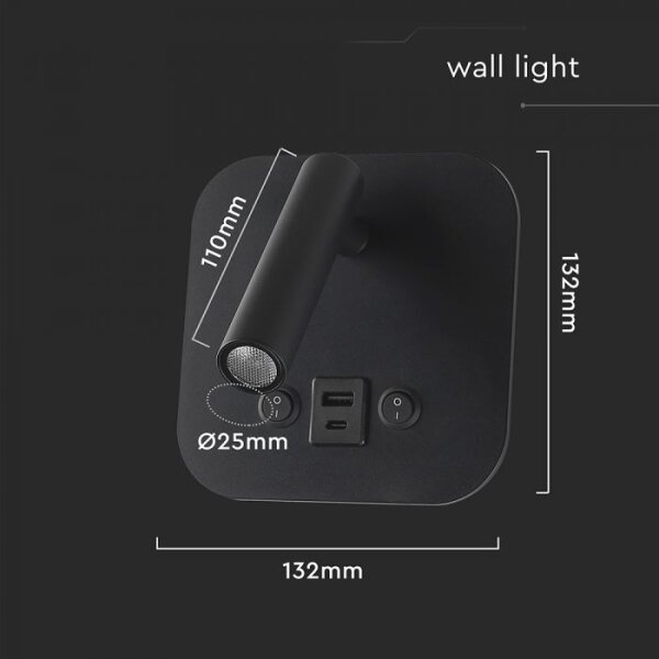 LED Nástěnné bodové svítidlo s USB portem LED/8W/230V 3000K černá