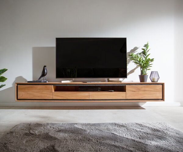 DELIFE TV stolek Stonegrace 240 cm akácie přírodní 2 dvířka 1 přihrádka 2 zásuvky kamenná dýha závěsný
