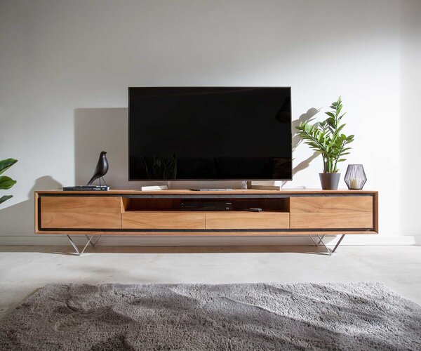 DELIFE TV stolek Stonegrace 240 cm akácie přírodní 2 dvířka 1 přihrádka 2 zásuvky kamenná dýha podnož ve tvaru V