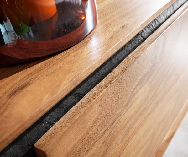 DELIFE TV stolek Stonegrace 145 cm akácie přírodní 3 dvířka kamenná dýha podnož ve tvaru V