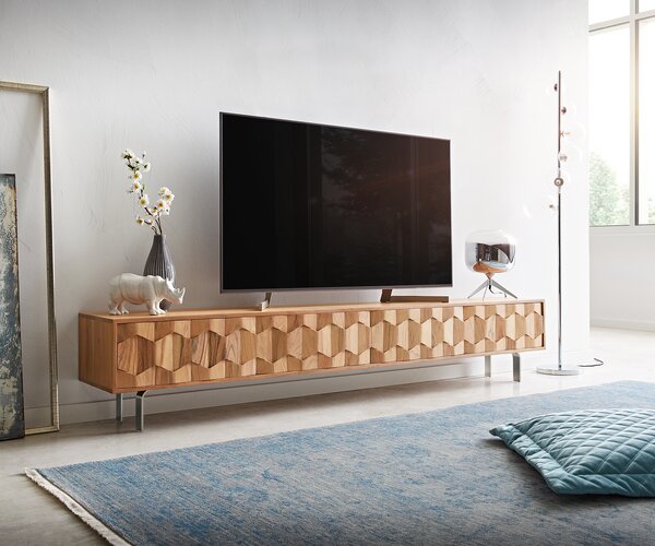 DELIFE TV stolek Fevo 220 cm akácie přírodní 4 dvířka L-podnož