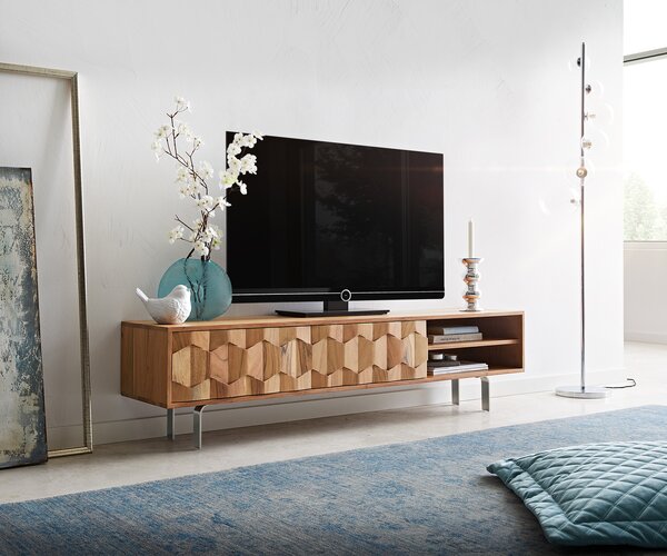 DELIFE TV stolek Fevo 160 cm akácie přírodní 2 dvířka L-podnož