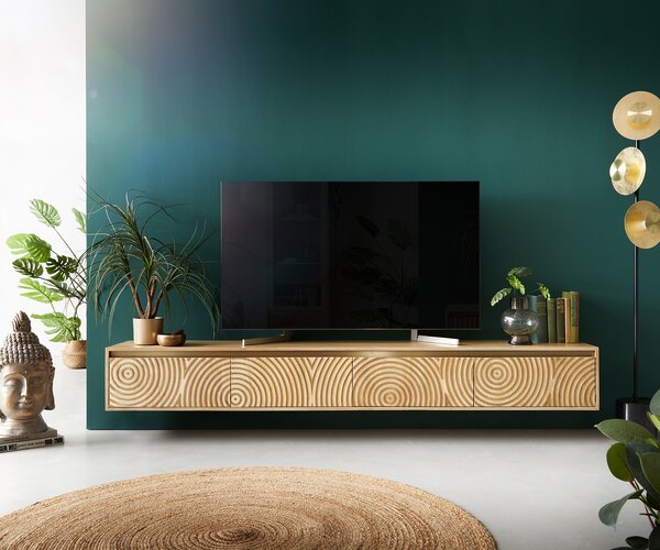 DELIFE TV stolek Budaya 220 cm mango přírodní 4 dvířka závěsný