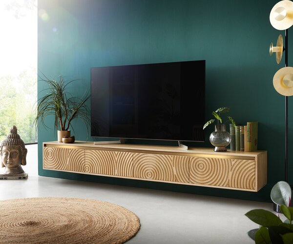 DELIFE TV stolek Budaya 220 cm mango přírodní 4 dvířka závěsný