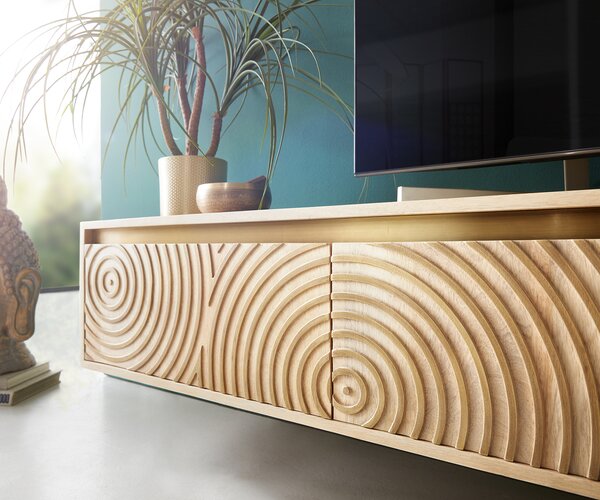 DELIFE TV stolek Budaya 220 cm mango přírodní 4 dvířka závěsný