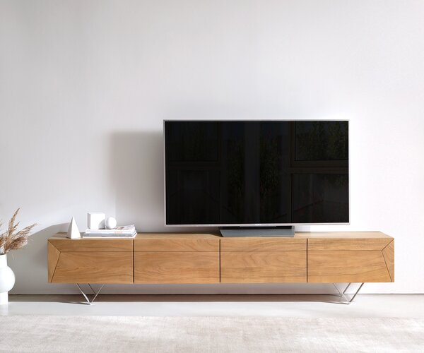 DELIFE TV stolek Kayu 220 cm akácie přírodní 4 dvířka podnož ve tvaru V