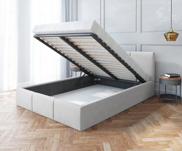 Čalouněná postel AMBER 120x200 Bílá Trinity s úložným prostorem kovový rošt