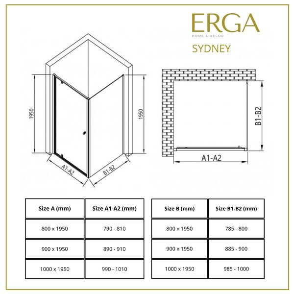 Erga Sydney, sprchový kout s 1-křídlými dveřmi 80(dveře) x 80(stěna) x 195 cm, 6mm čiré sklo, chromový profil, ERG-V02-SYDNEY-D080G080-CR