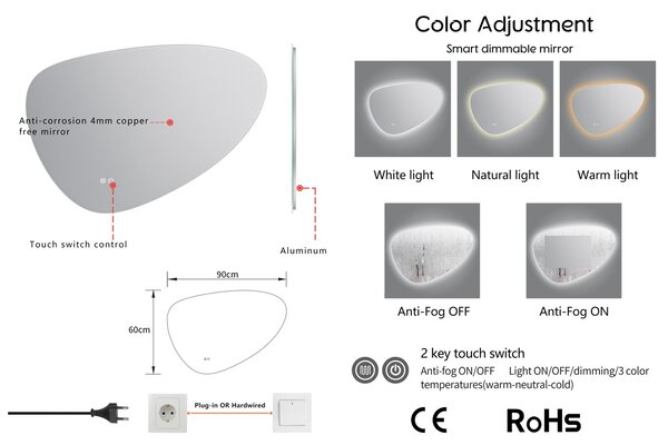 Erga Amelia, asymetrické LED zrcadlo 90x60 cm, 1955 lm, 6500K, zadní osvětlení, ERG-V01-407-9060-00