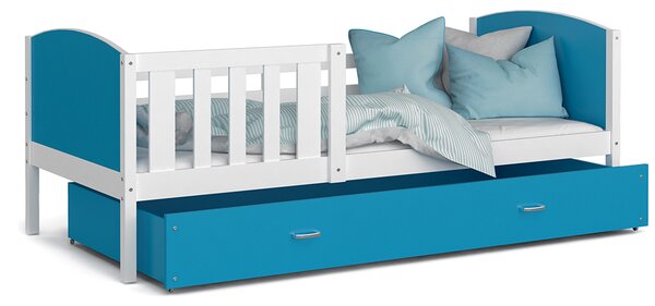 Dětská postel TAMI P 80x160 cm s bílou konstrukcí v modré barvě se šuplíkem