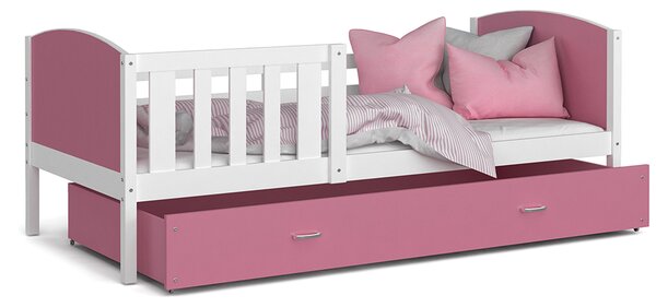 Dětská postel TAMI P 80x160 cm s bílou konstrukcí v růžové barvě se šuplíkem