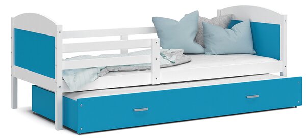 Dětská postel MATYAS P2 90x200 cm s bílou konstrukcí v modré barvě s přistýlkou