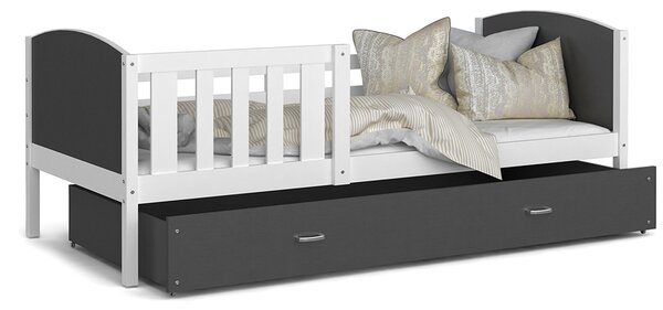 Dětská postel TAMI P 80x160 cm s bílou konstrukcí v šedé barvě se šuplíkem