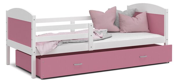 Dětská postel MATYAS P 90x200 cm s bílou konstrukcí v růžové barvě se šuplíkem