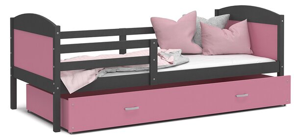 Dětská postel MATYAS P 80x160 cm s šedou konstrukcí v růžové barvě se šuplíkem