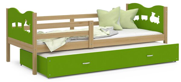Dětská postel MAX P2 90x200cm s borovicovou konstrukcí v zelené barvě s motivem vláčku