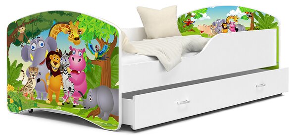 Dětská postel IGOR 80x180 cm v bílé barvě se šuplíkem ZVIŘATKA Z JUNGLE