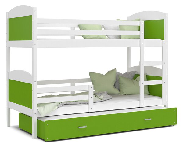 DOBRESNY Dětská patrová postel MATYAS 3 80x190 cm s bílou konstrukcí v zelené barvě s přistýlkou