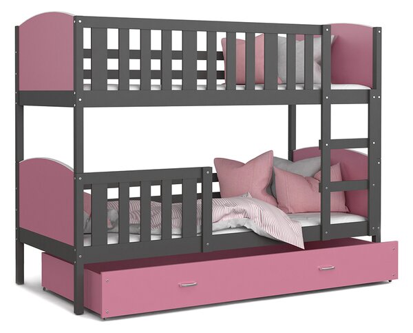 DOBRESNY Dětská patrová postel TAMI 80x160 cm s šedou konstrukcí v růžové barvě